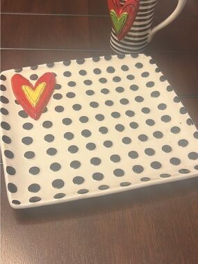 Polka Dot Ceramic Serving Platter and Mug with Heart Accent